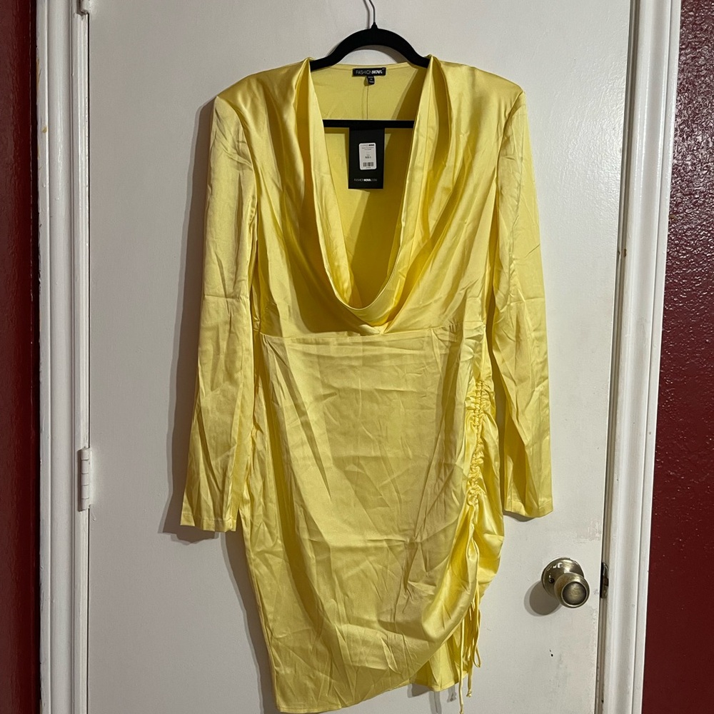 Fashion Nova Yellow Ruched Cowl Neck Bodycon Dress